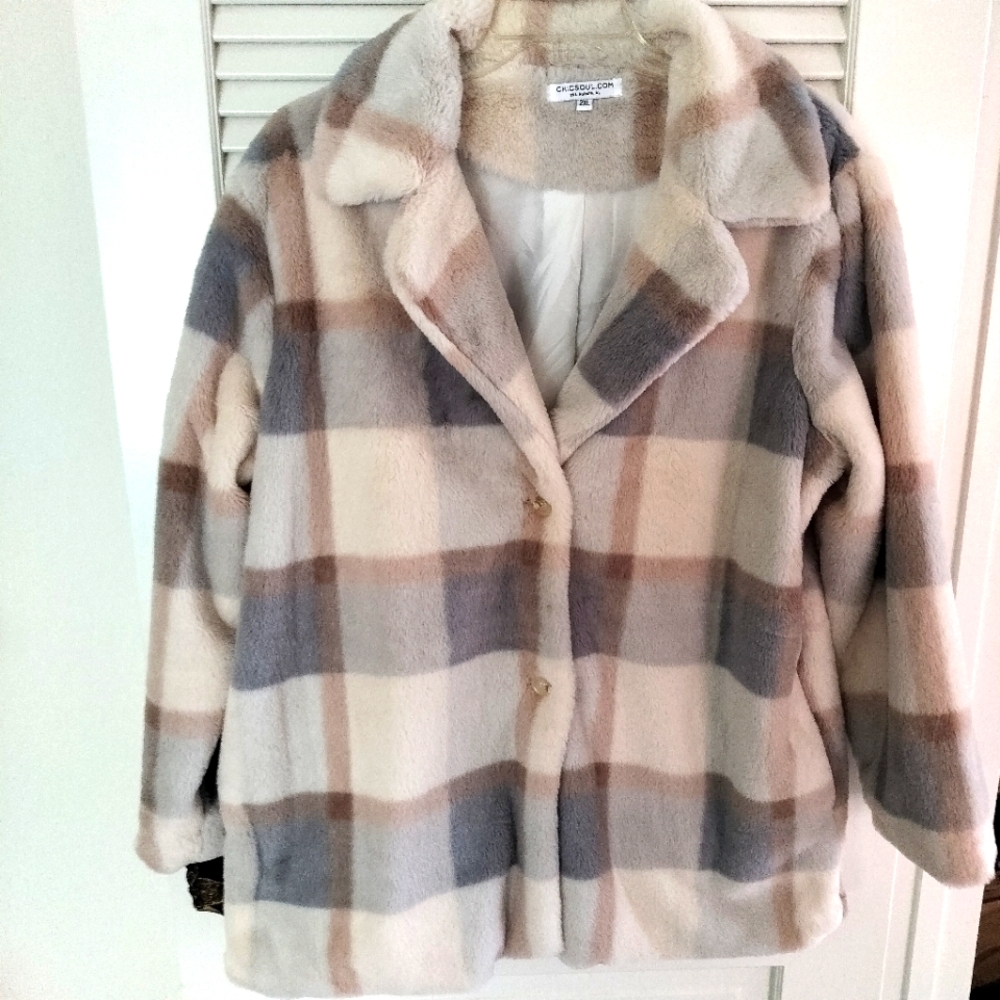 Chic Soul Faux Fur Fully Lined Jacket Coat 2x Ivory Plaid